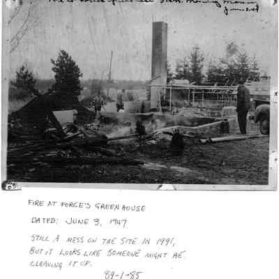 89-1-85 Greenhouse Fire.jpg 1.3MB: Fire at Force's Greenhouse, January 3, 1949 3a.m. - Still a mess on the site in 1991 but it looks like someone might be cleaning it up.