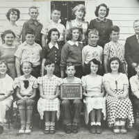          1949; BACK ROW - Jimmy Bruce, Bud Schreckengust, Maggie VanSyckel, Kay Schrenkengust Spencer
MIDDLE - Mary Ash, Earl Herring, Jean and Jane Norman, Harry Forrester, Kim Greene. Teacher Mr. Olmsted
FRONT - Patti Erlewein, Helen Mueller, Ruth Ann Troutman, Mike McVoy, Florence Gooding, Joan Norman, Glenn Gooding
   