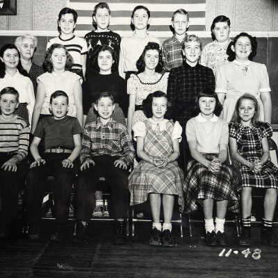 1948: BACK ROW - Kim Green, Johnny Mueller, Ralph Troutman, Jimmy Bruce, Earl Herring. MIDDLE - Patsy Engel Hopper, Jane, Jean and Joan Norman, Maggie Van Syckel, Kay Schreckengust Spenser FRONT - Harry Forrester, Mike McVoy, Glenn Goddin, Florence Goodin [unknown], Helen Mueller