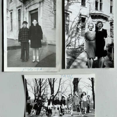 1946: Kay (age 10) and Bud (age 8) Schreckengust 1946, 1946 teachers [Marie] Walker (left) and June [or Marian] Bishop (right), Douglas School Playground 1946