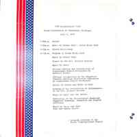         1:00p.m. Parade
1:30p.m. Music by German Band - Frank Wicks Park
2:00p.m. Church Bells Ring
2:15p.m. Program at Frank Wicks Park
Music by School Band
Prayer by the Rev. Richard McClain
Music by Choir
Welcome address and introduction of Congressman Edward Hutchinson by
Benedict Wrobel
Official recognition as the Saugatuck Township American Revolution Commission by Congressman Edward Hutchinson
Salute by Cannon and Music by Band
Reading of the Declaration of Independence by the Rev. Richard Mcclain
Music by Choir and Gun Salute
Dedication of the Bicentennial Bandstand Saugatuck Township, Saugatuck and Douglas officials
Music by Choir and Band Guns and Cannon Salute
   