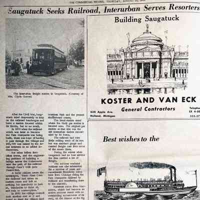 Saugatuck Seeks Railroad, Interurban Serves Resorters: Columbus, Lima and Milwaukee Railroad Company, describes Interurban route,