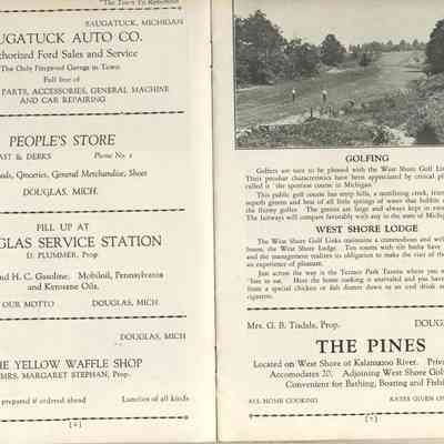BB-DouglasBrochure-03.JPG 1.3MB: Saugatuck Auto Co., People's Store Mast & Derks, Douglas Service Station D. Plummer, The Yellow Waffle Shop Mrs. Margaret Stephan, Golfing at West Shore Golf Links, West Shore Lodge, The Pines G.B. Tisdale