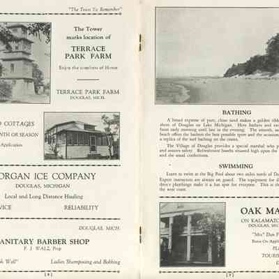 BB-DouglasBrochure-04.JPG 1.5MB: The tower at Terrace Park Farm, Morgan Ice Company, Sanitary Barber Shop F.J. Walz, Douglas beach bathing, Swimming at the Big Pool, Oak Manor "Mrs." Dan Falconer