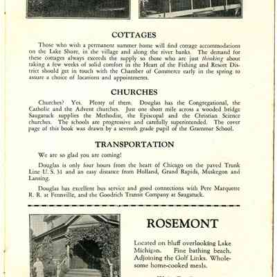 BB-DouglasBrochure-09.JPG 889KB: Churches, travel only four hours from Chicago on the paved Trunk Line U.S. 31, Rosemont by Mrs. Ellen S. Bryan