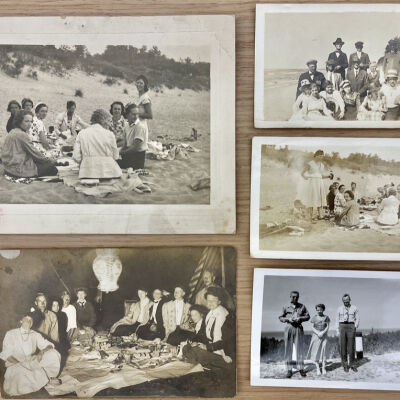 Thursday Picnics at Oval and other picnics and beach gatherings: Names listed on back include (image 1 at upper left) Beatrice Brown Finch, Florence Brittian Dunlap, Julia Whipple Funk, Jessie Veits, Mildred Prentice, Irene Robinson Webster, Eileen Kreager, Jennie Veits Brown; (image 2 at upper right) Ralph Clapp, Loren Veits, Mac Babcock, Hattie Veits, Jessie Veits, Mrs. Clapp, Hattie Babcock, Jennie Veits Brown, Dick Brown - "note shirt, ties, suits, hats for picnic on beach!"; (image 3 middle right)  standing Irene Webster, Dave Webster, Bee Finch, Florence Brittain, Julia Funk, Jessie Veits, Hattie Veits, Eileen Kreager, Jennie Brown about 1932; (image 4 lower right) Heath Crow, Bea Finch and Gene Simonson Sept 1950 at Lake Huron; (lower left real photo postcard) "Rear on left Jessie Veits, unknown man, Mattie Heirner"