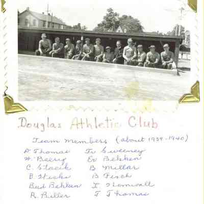 Douglas Athletic Club.jpg 446KB: FR Sweeney in the box with members of the Douglas Athletic Club circa 1939-1940. D. Thomas, W. Beery, C. Stacik, B. Wicks, Bud Bekken, R. Biller, Ev Bekken, B. Millar, B. Fisch, L. ?Lemovall?, T. Thomas.