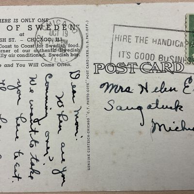 Reverse of restaurant interior.  Postcard