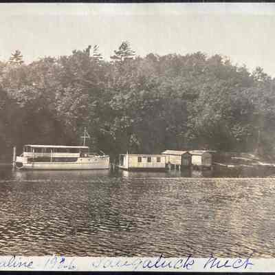 Eraline 1926 Saugatuck Mich - two level yacht moored by three river bank buildings
Jane Ann Hungerford "My GrGrGrandparents boat…docked across from river house/ Ship n Shore. They would come across Lake Michigan from Chicago on this, named after my GrGramdma."