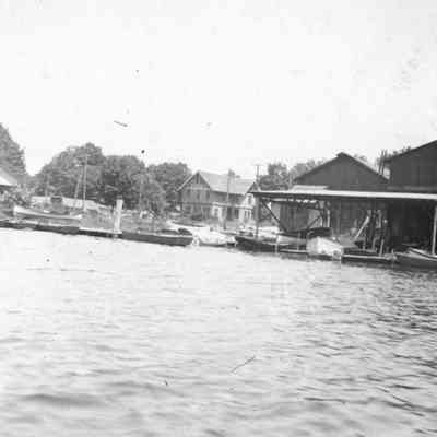 Old Edgewater boat livery on lot 220 at the southwest corner of Water and Main Streets circa early 1922: Photo processed and described by James T. Faasen.