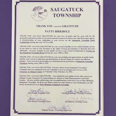 I. Saugatuck Township for service 1972-1992: For Saugatuck Township Parks Commission service 1972-1980, Board Trustee 1980-1984, Township Treasurer 1984-1992,