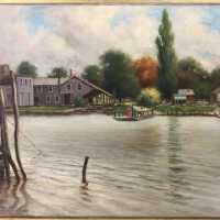          Oil painting of the Saugatuck ferry and tourist homes, dated 1902
   