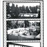          Douglas Dunes Advertising Postcard Front; Three images stacked on top of each other: the pool, the patio, and the rooms.
   