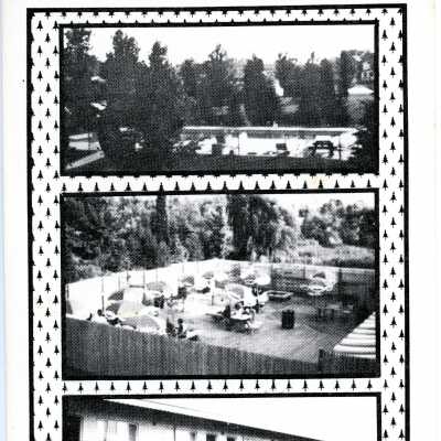 Douglas Dunes Advertising Postcard Front: Three images stacked on top of each other: the pool, the patio, and the rooms.