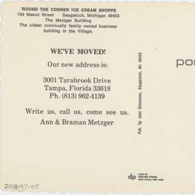 'Round the Corner Ice Cream Shoppe Postcard Reverse