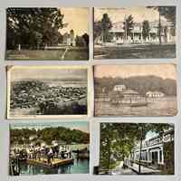          early b/w or colorized postcards front; High School, Tourists Home (mailed with text on reverse), View from Mt. Baldhead 1881, Old Chain Ferry scow, Old Chain Ferry scow colorized, Swift Villa colorized with long notch removed from left edge.
   