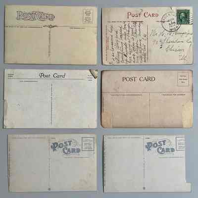 early b/w or colorized postcards back: Upper right postcard mailed from "E.H." to Mr. H.H. Hungerford at 909 Sheridan Road, Chicago in 1917 "It is so lonesome here with bowling alley and everything boarded up - Hayade  [or Wayade?] only boat lying at Stranger dock. Today is cool - Mrs. Allison likes Hotel. Will be home Monday might late"