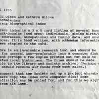          5 April 1995 Memo to Todd Olsen and Kathryn Wilcox from James Schmiechen; Memo attesting to the value of the Lorenz index. Before database software, historians and researchers wrote data points on individual 