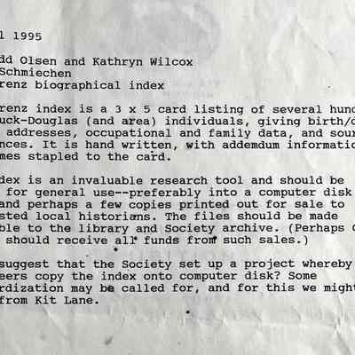 5 April 1995 Memo to Todd Olsen and Kathryn Wilcox from James Schmiechen: Memo attesting to the value of the Lorenz index. Before database software, historians and researchers wrote data points on individual "index" cards.