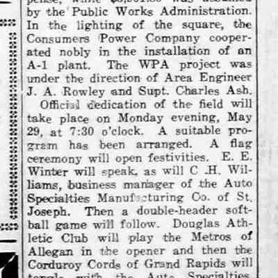 cr1939052601DouglasRecreationalFieldCompleted.jpg: Works Progress Administration project headed by L. Quade, Willis Bryan, H. Bekken, D. Bryan, J. Kurz, B. Weigert, C. Bennington, and E. Bekken. Site purchased by village, WPA project negotiated, softball field, tennis courts and shuffleboard courts., rest rooms and broadcasting booth. J.A. Rowley, Charles Ash.