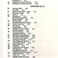          Index part two; Plaza Motel
Rosemont Inn
Shangri-la Motel
Ship-n-Shore Motel
Timberline Motel
Walkers Landing
West Wind KOA
Wickwood Inn
DINING/COCKTAILS Pg.17
Anchor Inn
Billies Boathouse
Coral Gables
Crane Orchards
Daisy's Holland
Embassy
Marros
Plaza Chicken
Point West Holland
Sir Douglas
Rivulet Hurst Dairy Holland
Round The Corner Ice Cream Shoppe 
Sand Bar Saloon
Skyline Bar & Restaurant
Tara
FISHING/MARINE SERVICES Pg. 14
Can't Miss Charter Service Co-Hooker Charter Service
Endeaver Il
Saugatuck Yacht Service Schippa's Charter Service
SHOPPING Pg. 24
Antique Mall
The Bay
Belle of the Reef-west
Blue Star Shell
Borelli
Brigadoon
Burnette Equipment
Butler Pantry
Casual Man
Douglas Building Center
East of the Sun
Frontenac
Gingersnap 
Gleason's Party Store
Golden Goose
Gourmet Shop
Hoopdee Scottee
Masters of Saugatuck
Old Post Office Shops
Old Post Yarn Works
Oosting Furniture
Poor Mans Art Gallery
The Poster Store
Prajna Gallery
Presents
Rosemarie Art Studio 
Salmagundi
Saugatuck Drug Co.
Singapore Country Store
Tafts Antiques
Tafts Inc.
Valleau Brass Foundry
Village News Stand
American Dock Co.
INDUSTRIAL
Haworth Inc.
Rich Products
PROFESSIONAL SERVICES Pg. 30
Annettes Salon
Anchor Realty
Bowman Services
Brady Ins. Co.
Century 21/Frank Smith Realty 
Citizens Trust & Savings Bank
Commercial Record
William Coupe-Attorney
DeLong & Co.
First Michigan Bank
Flashes
Harold Wise Ins.
Allegan
Holland Sentinel
Horizon Ins. Co.
IHS Distributing
Johnson's Service
Kwick Kopy
Modern Print Gallery 
Timberbrook Realty
Wolbrink Ins. Co.
Woodland Realty
   