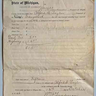 M. Receipt for payment of State of Michigan, County of Allegan taxes signed by Saugatuck's treasurer A.B. Taylor.