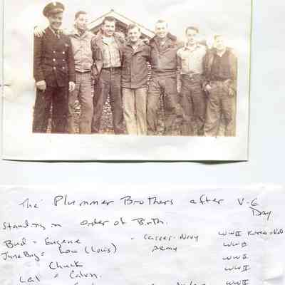 SDHS004-PlummerBrothers.jpg 966KB: from 2021.72.02 Eugene "Bud" Plummer, Louis "Lou" "June Bug" Plummer, Calvin "Cal" "Chuck" Plummer, Sanford "Sandy" Plummer, Aaron Plummer, Gerry Plummer.