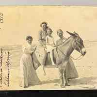          Hilda Sterzing, Gladys Sterzing, Victoria Carlson?, Lilian Morris; Beach at Saugatuck with Dynamite the Donkey
Dynamite Hilda S., Gladys G, Victoria Carson, Lillian Morris, 1910
   