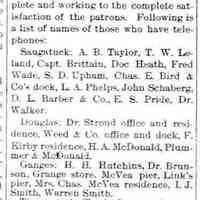          cr1895092701SaugatuckGangesTelephoneCompany-1.jpg; A.B. Taylor, T.W. Leland, Capt. Brittain, Doc Heath, L.A. Phelps, John Schaberg, D.L. Barber & Co., E.S. Pride, Dr. Walker, Dr. Stroud, Weed & Co., H.A. McDonald, Plummer and McDonald, H.H. Hutchins, Dr. Brunson [Jr. or Sr.?], Grange Store, McVea Pier, Link's pier, Mrs. Charle McVea residence, L.J. Smith, Warren Smith, Mrs. Jones' store.
   