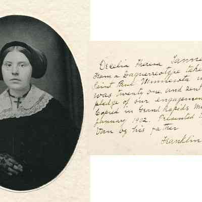 Orcelia Tanner Wallin.jpg 1.3MB: Oecelia Theresa Tanner from a daguerreotype taken in Saint Paul Minnesota when she was twenty one and sent to me as a pledge of our engagement. Copied in Grand Rapids Michigan in January 1912 [191/2]. Presented to her son Van by his father. Franklin B. Wallin.
