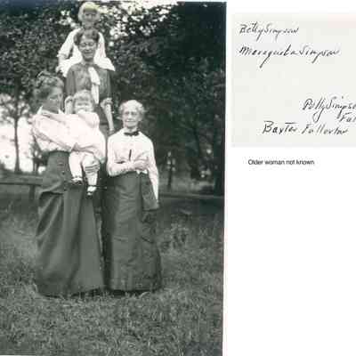 Simpson family ca 1915.jpg 1.4MB: Betty Simpson, Maraquita Simpson, Polly Simpson Fullerton, Baxter Fullerton, older woman not known