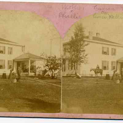 Wallin home across from Clearbrook.jpg 3.9MB: Mother & Charlie, Luman on horse, Nellie, Father, Van away