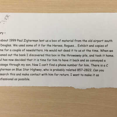 unsigned, undated note about attempts to return materials