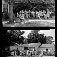          sim art students A.jpg 2.1MB; Scan of two publicity photos for the Taylor Art School.
Top: Adult art students painting a seated, clothed model in a yard. A Taylor Studio sign hands from a tree on the left of the image.
Bottom: Adult art students painting a pair of live, clothed models outside a white, clapboard building with skylights. A sign on the far left advertises Devoe art materials. The photo appears to be posed since the work on the canvases does not match the posed models. At the front of the artists group is a young man standing before a portrait of a single woman with a dark background. This same painting is visible Taylor Art School photo above.
   