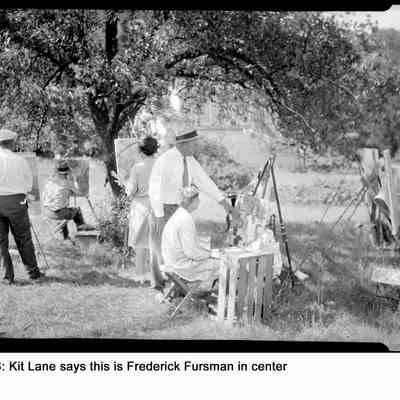 sim art students B.jpg 939KB: JOS [Jack O. Sheridan]: Kit Lanes says this is Frederick Fursman in center. Therefore, this is likely Ox-Bow/Summer School of Painting plein air class.