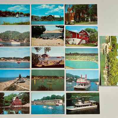 Sixteen color postcards front: Kalamazoo Lake and River, Big Pavilion, Mt. Baldhead Radar tower without radome, Goshorn Lake Resort, Red Barn Theater, water skiing at Oval Beach, view from Harding Hotel, Mi-Ro Motel pool, Oval beach parking lot, boat on Kalamazoo Lake at night, Island Queen (2), Peterson Mill, Water Skeeters at Ship n' Shore, Anchor Park with Island Queen (sideways)