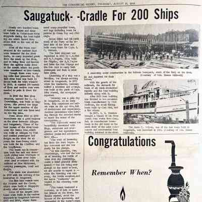Saugatuck- -Cradle For 200 Ships: Shipbuilding, boat building, boat works, log rafts, James Bush, Milo Winslow, C.C. Trowbridge, Helen Mar, Aunt Betsy, Ira Chaffee, Mayflower, Octavia, Crook, John B. Martel, James Elliot, Capt. R.C. Brittain, C.E. Brid and R.T. Rogers, Pilgrim, A.B. Taylor, Bon Voyage, Bon Ami, Marinette launch, Minter, Dick Hoffman, Carl Bird, R.E. Peterson, River Queen Boat Works.