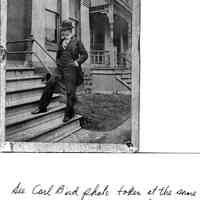          89-1-35 Jim Brown.jpg 434KB; See Carl Bird photo taken at the same time (89-1-25) in front of the same house. [Photo at 2023.10.127] A young man wearing a bower hat striking a jaunty pose on the front steps of a rowhouse.
   