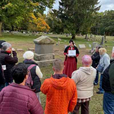 Linda Slusar telling about the life of Julia Morrison Francis at the Francis family gravesite: Event photo provided by Linda Slusar