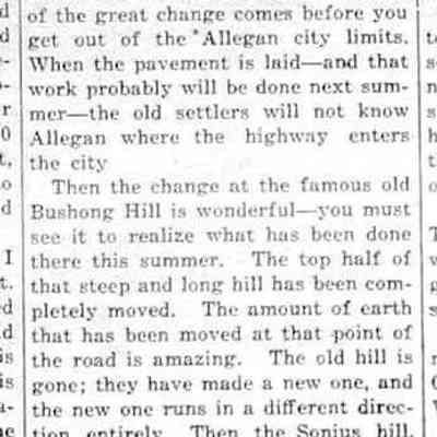 cr1924102401-M89Road.jpg: M-89 Bushong Hill, Sonius Hill, John Moore school house, Mr. Vosburgh, Swan Creek, old Smith mill pond, New York Central trains