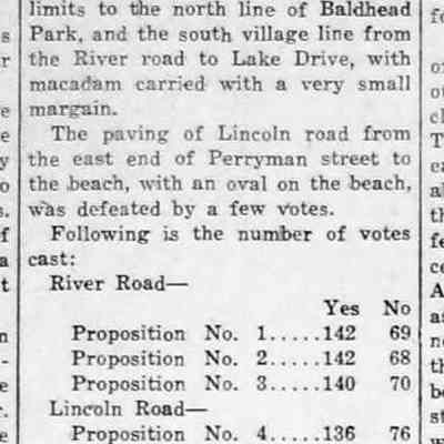 cr1934010501RiverRoadCarriesBeachRoadDefeated.jpg: Paving of River Road and Lincoln Road (today's Perryman St.)
October 26, 1935 "Saugatuck went to the polls today to decide whether village authorities should be empowered to borrow $15,000 as the village's share in a $27,000 project to construct an approach road and an oval at the Saugatuck beach. Under the proposal, 4,575 feet of 18-foot concrete would be included in the oval and road, providing parking space for about 800 cars. Of the $27,000, the sum of $12,000 would be provided by a government grant."