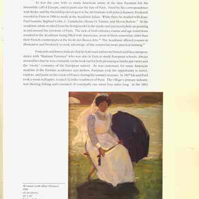 file798.jpg 1.4MB from 2021.72.02: As was the case with so many American artists of the time Fursman felt the
irresistible call of Europe, and in particular the lure of Paris. Fired by his correspondence with Ryder and the friendship developed at the Art Institute with John Johansen, Frederick traveled to Paris in 1906 to study at the Académie Julian. While there he studied with Jean-Paul Laurens, Raphael Colin, C. Castalucho, Henry O. Tanner, and Myron Barlow. 17 At the académie artists worked from the living model in the studio and practiced plein-air painting in and around the environs of Paris. The lack of both entrance exams and age restrictions resulted in the Academie being filled with Americans, most of them somewhat older than their French counterparts at the Ecole des Beaux-Arts. 18 The Académie offered courses in illustration and Frederick so took advantage of this somewhat more practical training. 19
Postcards and letters indicate that he both read and wrote French and his correspon-
dence with "Madame Fursman" who was also in Paris to study European schools, always assured her that he was constantly on the look out for both picturesque landscape views and the "exotic costumes of the European natives. As was customary for many American students at the Parisian academies and ateliers, Fursman took the opportunity to travel, explore, and paint on the coasts of France during the summer recesses. In 1907 Ida and Fred took a room in Etaples, located 32 miles southwest of Paris. The village's primary industry was Herring fishing and consisted of essentially one street four miles long. In the 1893