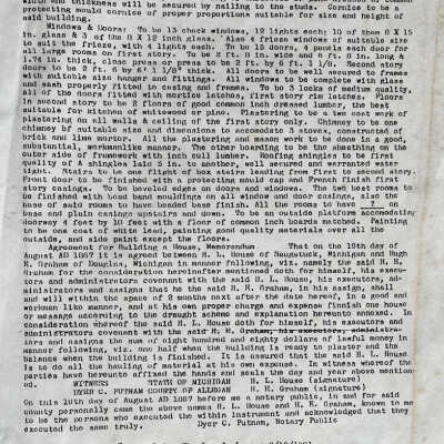1867 agreement to build the House house, typescript by Charles L. Lorenz: Agreement between H.L. House (client) and H.E. Graham (builder), witnessed by Dyer C. Putnam.