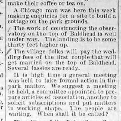 cr1884090501ParkPoints.jpg 61KB: Dock in place, stove for brewing coffee or tea, observatory under construction, village will pay fee for marriage on top of dune. Editor Houtkamp mentioned as park supporter in Plainwell Leader