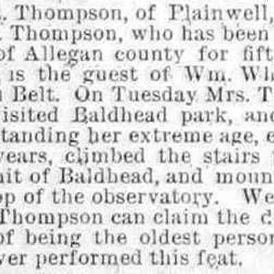 cr1886082701MrsThompson-StairstoBaldhead.jpg 21KB: 82-year-old Mrs. Thompson of Plainwell climbs to top of observatory