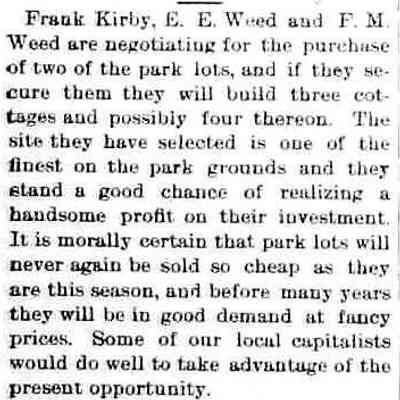 cr1895041901ParkLots-KirbyWeedandWeed.jpg 29KB: Frank Kirby, E.E. Weed and F.M. Weed mentioned as smart investors in cottage building plans