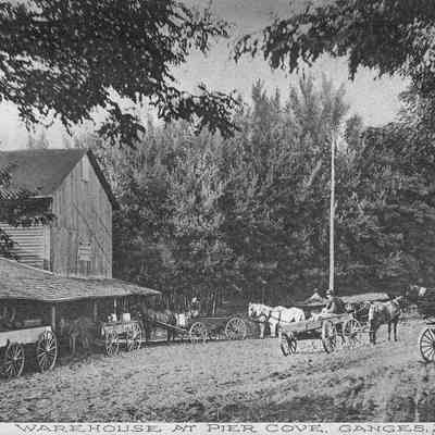 CWPC-0058PierCoveWarehouse.jpg 836KB: Wolbrink Brothers Warehouse at Pier Cove, Ganges, Mich - horse drawn wagons line up at a warehouse