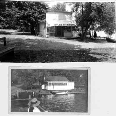 Heath_shop_ca_1920s.jpg 1.6MB: For a girl who had to delay her education to help support an impoverished family, May was a hard worker and thrived in the business arena. She one wrote "When asked if I had a hobby, I replied "Yes I have two, Business and Writing, both of which I really love"

"In 1917, I moved the Heath Shop (Now the Ferry Store) across the river and had a wonderful lucrative summer business for six years- Mr. Heath having the Boat Business across the river on the village side. " The Commercial Record of June 7, 1917 reported "A concession has been opened in the Heath boat house at the west side of the ferry landing". May's little account book shows the opening of "The Little Handy Shop" on June 1st, and her first day sales were $1.80. First year sales totaled- $1856. That year the shop closed on Sept. 16th. In October it was reported that August Pfaff had completed an addition "to Mrs. D. A. Heath's store in Baldhead Park". Sales in 1918 totaled- $3,129; in 1919- $5,808; and in 1920- $7,623.

May writes "We sold out in 1920 and opened a Real Estate office and we had a most successful business for 25 years- selling the town over and over again" until the death of her husband Doc 1947.

She apparently did not slow down after that, for on her birthday in 1949, she wrote that she was "ambitious (?crazy) to sell real estate" and that she was "working on my 3rd sale this year- pretty good for an old woman of 76" .