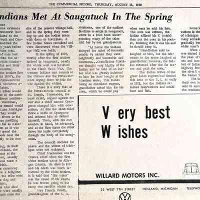 Indians Met At Saugatuck In The Spring: Mentions Ottawa and Pottawatomie people, "white dog" ceremony, burials, Black Hawk War, Topenabee, Optogome, Macsaubee, S.A. Morrison, women selling handcrafted baskets while also working at Douglas Basket Factory.