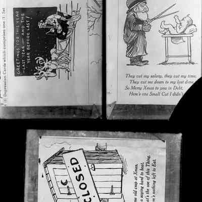 sim Depression xmas cards.jpg 2MB: Three dark-humor Depression cards showing an starving Santa, a rabbi about to circumcise an infant and an outhouse with a closed sign nailed over the door. Cards may be attached to boxes or photographed in a copy stand.